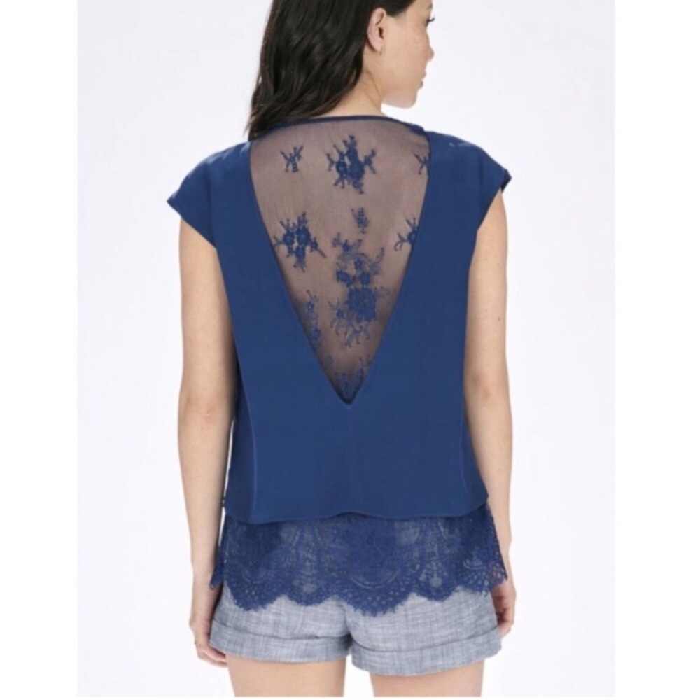 Parker Marilena Navy Blue Silk Open Back Top with Lace Underlay Sz Large